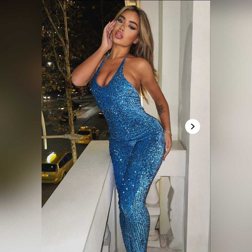 Fashion Nova Shimmering Blue Sequin Jumpsuit
